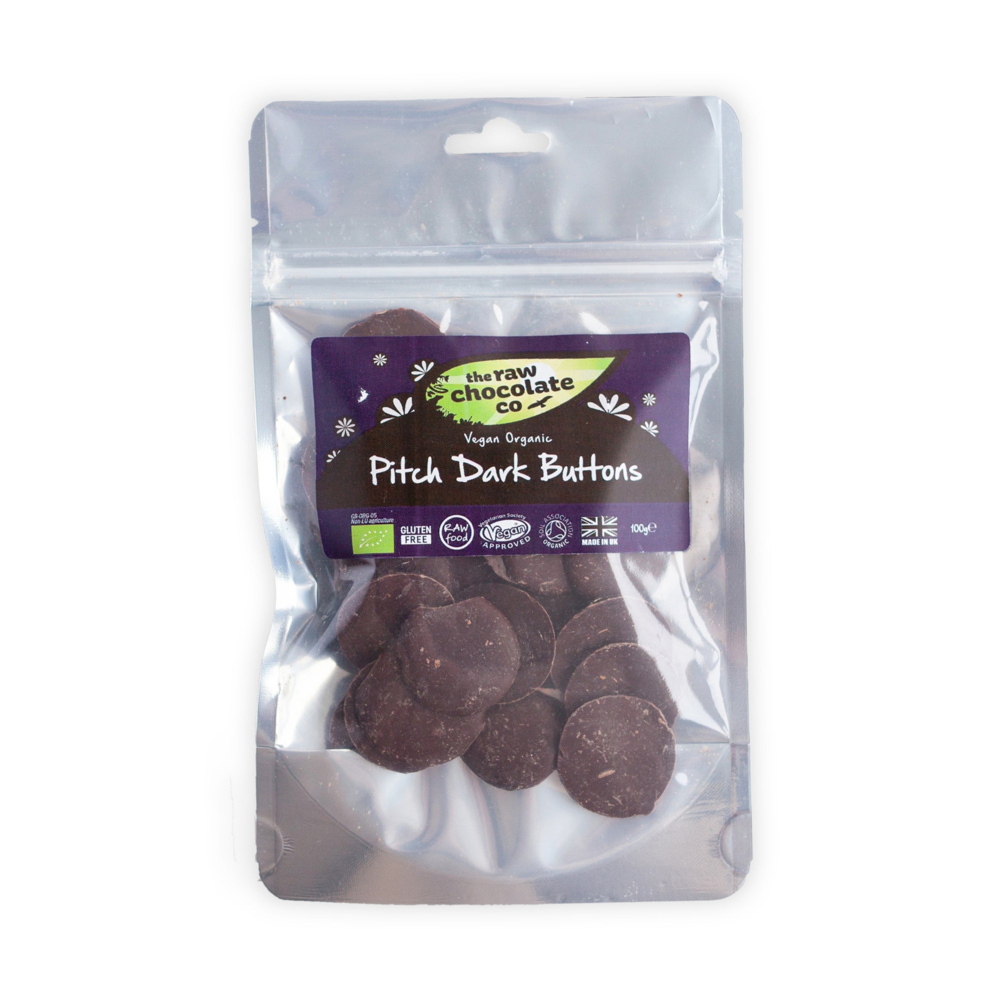 Pitch Dark Chocolate Buttons 100g - The Raw Chocolate Company 